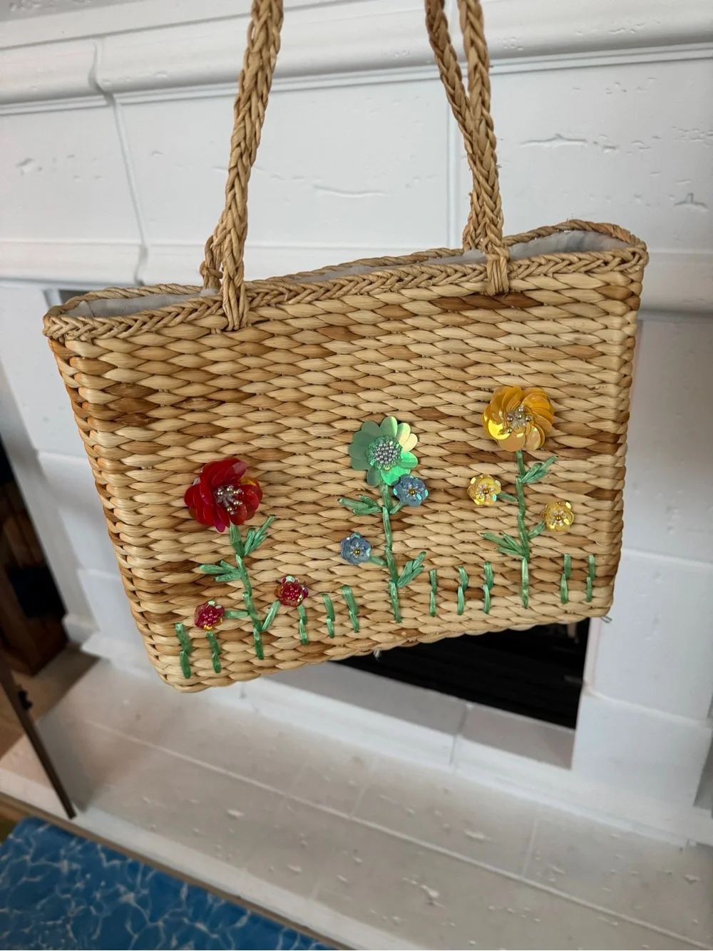 Vintage Straw Tote with Red, Green, Yellow & Blue Floral Accents